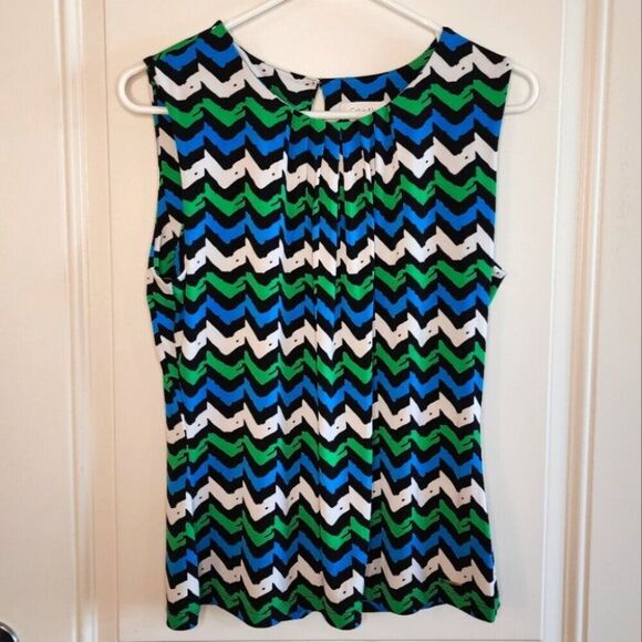Calvin Klein Sleeveless Pleat Neck Sleeveless Top Large Multi Green Blue Black - Picture 1 of 7